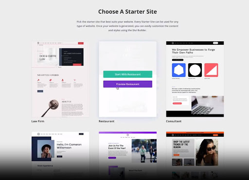 You can create a new website using one of Divi's ready-to-use starter sites. 