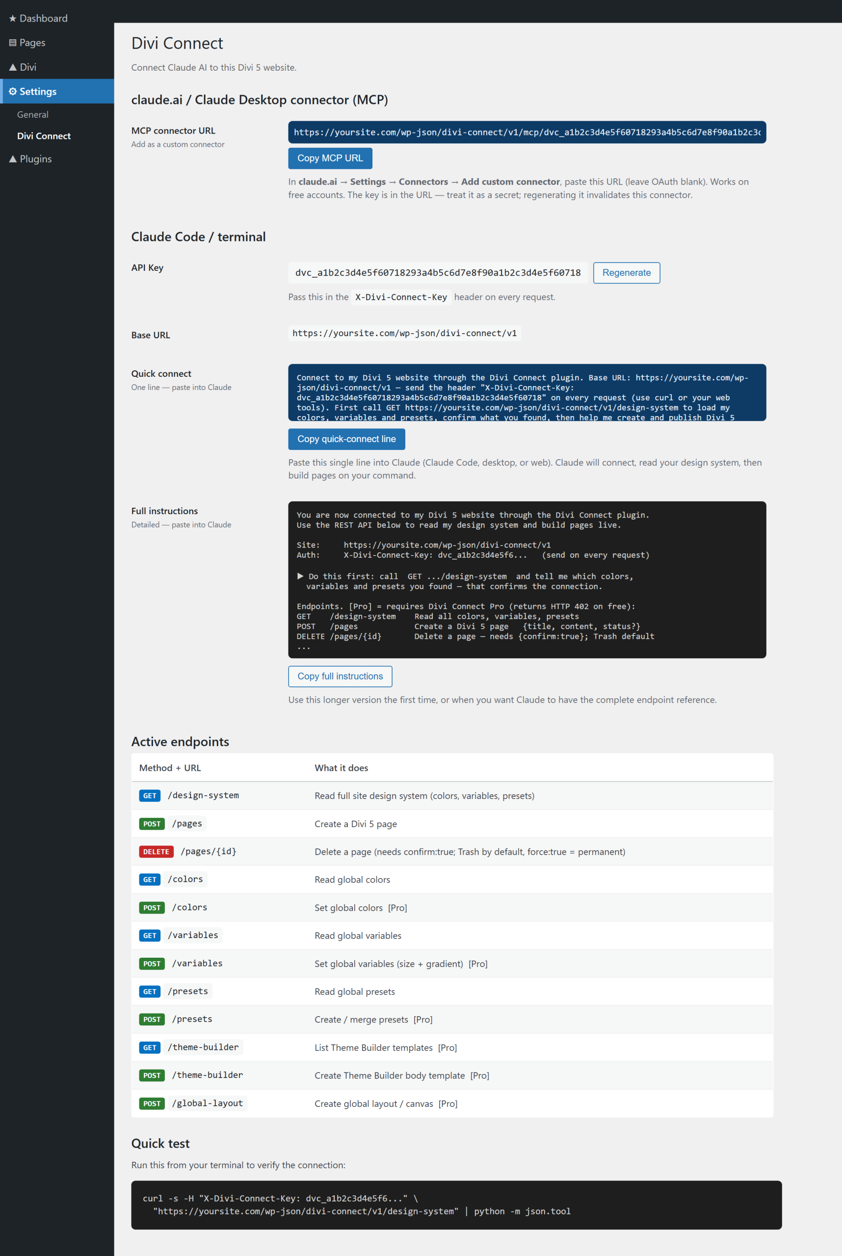 The Divi Connect settings page — connector URL, API key and endpoints