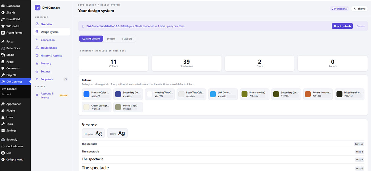 The Divi Connect Design System dashboard — colours, type scale, presets and Style Guide, in wp-admin